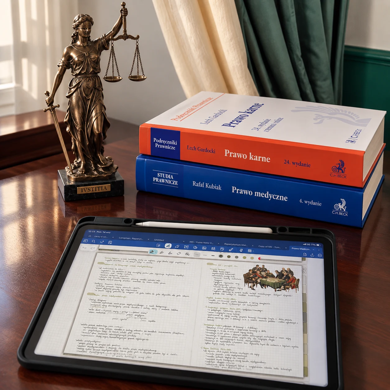 Książki o prawie karnym i medycznym, figurka sprawiedliwości oraz tablet z notatkami